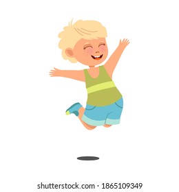Funny Boy with Freckles Wearing Shorts Jumping with Joy and Excitement Vector Illustration