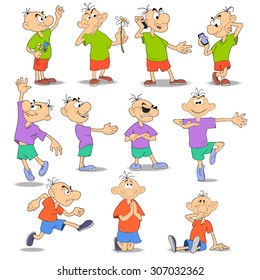 Funny boy. Fun Stick Figure. Stick man. Stick People. Set of man, boy in various situations, actions, in different poses and with  different emotions. Vector illustration isolated on white background.