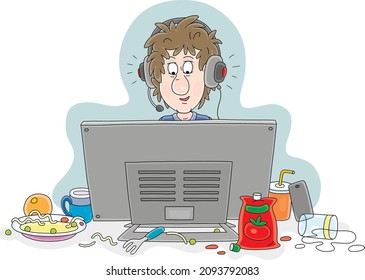 Funny boy gamer with big headphones playing and looking at a his computer monitor, vector cartoon illustration on a white background