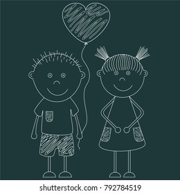 Funny boy and girl with a balloon in the shape of a heart. Theme of St. Valentine's Day. Greeting card for lovers. Drawing chalk on a blackboard.