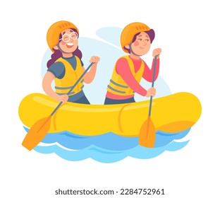 Funny Boy and Girl Canoeing with Paddle Doing Water Sport Activity Vector Illustration