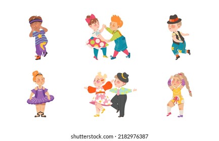 Funny Boy and Girl Dancing and Moving to Music Vector Illustration Set