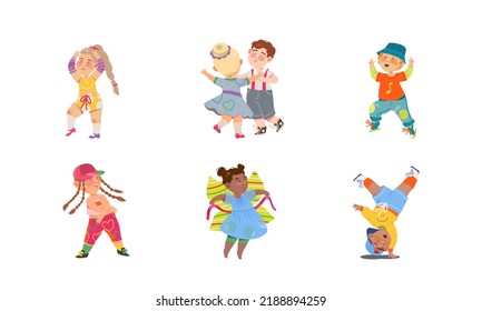 Funny Boy and Girl Dancing and Moving to Music Vector Illustration Set