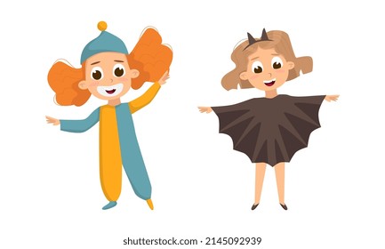 Funny Boy and Girl Dressed in Halloween Bat and Clown Costume Vector Illustration Set