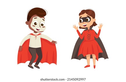 Funny Boy and Girl Dressed in Halloween Dracula and Vampire Costume Vector Illustration Set