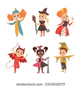 Funny Boy and Girl Dressed in Halloween Costume Vector Illustration Set