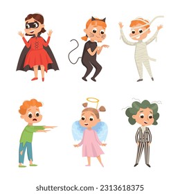 Funny Boy and Girl Dressed in Halloween Costume Vector Illustration Set