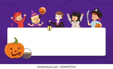 Funny Boy and Girl Dressed in Halloween Costume Near Rectangular White Space Vector Illustration