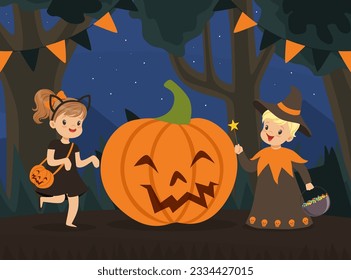 Funny Boy and Girl Dressed in Halloween Magician and Cat Costume Near Huge Pumpkin Vector Illustration