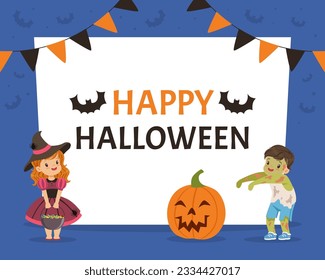 Funny Boy and Girl Dressed in Halloween Witch and Zombie Costume Near Rectangular White Space Vector Illustration