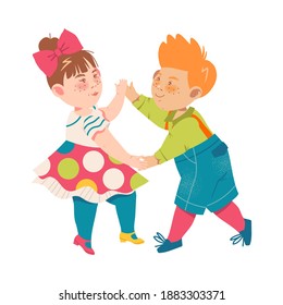 Funny Boy and Girl with Freckles Pair Dancing and Moving to Music Vector Illustration