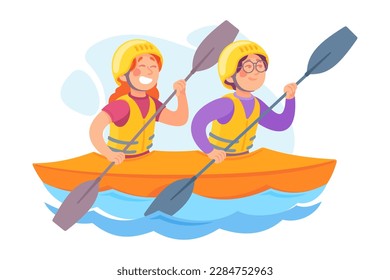 Funny Boy and Girl Kayaking with Paddle or Oar Doing Water Sport Activity Vector Illustration