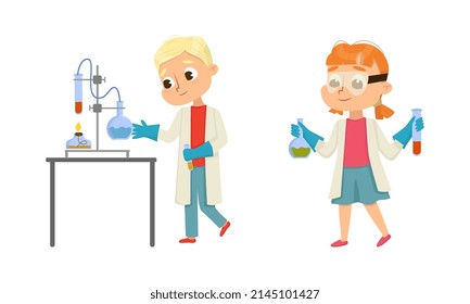 Funny Boy and Girl in Laboratory Coat Making Research with Chemicals in Glass Flask Vector Illustration Set