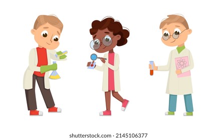 Funny Boy and Girl in Laboratory Coat Making Research with Chemicals in Glass Flask Vector Illustration Set