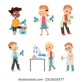 Funny Boy and Girl in Laboratory Coat Making Research with Chemicals in Glass Flask Vector Illustration Set