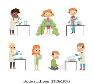 Funny Boy and Girl in Laboratory Coat Making Research with Chemicals in Glass Flask Vector Illustration Set