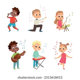 Funny Boy and Girl Playing Musical Instrument, Dancing and Singing Vector Set