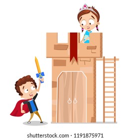 Funny boy and girl playing in small castle. Girl as princess with tiara. Boy as knight with sword and red cloak. Fairytale castle on playground. Happy childhood and kids friendship vector illustration