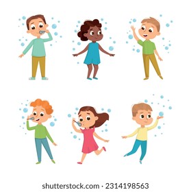 Funny Boy and Girl Playing with Soap Bubbles Vector Set