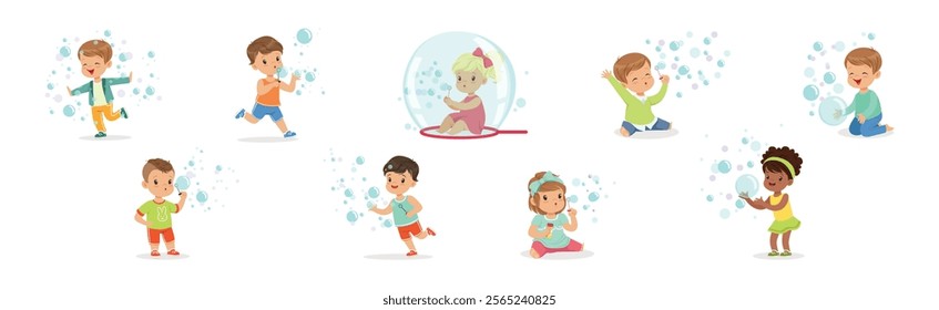 Funny Boy and Girl Playing with Soap Bubbles Vector Set