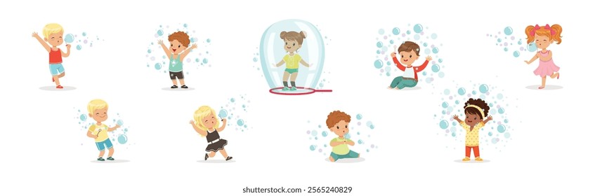 Funny Boy and Girl Playing with Soap Bubbles Vector Set