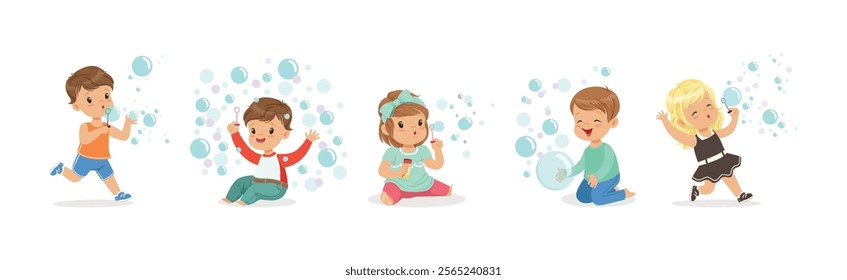 Funny Boy and Girl Playing with Soap Bubbles Vector Set