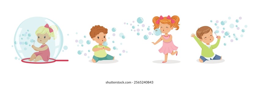 Funny Boy and Girl Playing with Soap Bubbles Vector Set