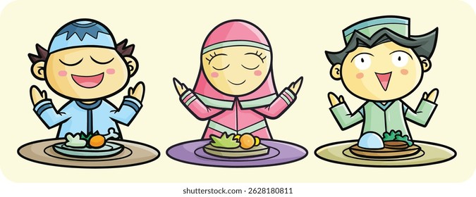 Funny boy and girl praying before eat cartoon illustration