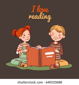 Funny boy and girl reading a book