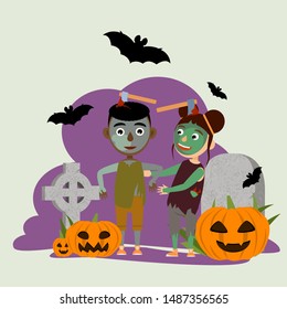 Funny boy and girl in scary costume for celebrating Halloween. Cute zombies. Cemetery with tombstones, crosses, bats and carved pumpkins. Trick or treat. Vector