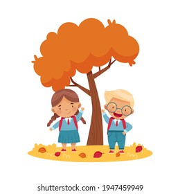 Funny Boy and Girl with Schoolbags Waving Hands Going Back to School in Autumn Season Vector Illustration