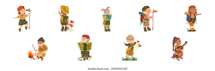 Funny Boy and Girl Scout Character in Uniform Enjoy Adventure Vector Set