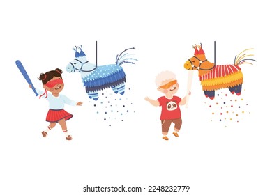 Funny Boy and Girl Striking and Hitting Pinata Hanging on String with Stick Vector Set