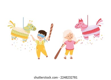 Funny Boy and Girl Striking and Hitting Pinata Hanging on String with Stick Vector Set