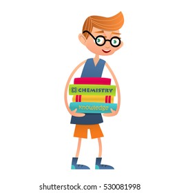 Funny boy with glasses holding a large stack of books