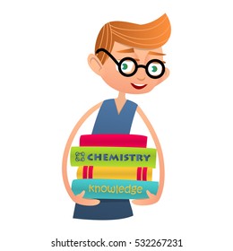 Funny boy with glasses holding a large stack of books