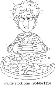 Funny boy in a great mood with a big tasty pepperoni pizza, black and white vector cartoon for a coloring book page