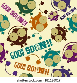 Funny boy with headphones seamless pattern. Music vintage background.  Vector art.