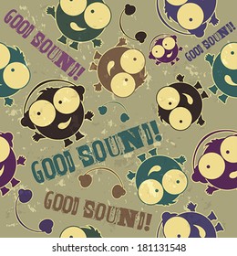 Funny boy with headphones seamless pattern. Music vintage background.  Vector art.