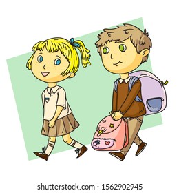 Funny boy helps cute girl with heavy school bag. Children characters on green backdrop. Cartoon isolated on white. Classmates pupils friendship and relationships. Good behavior. Vector illustration