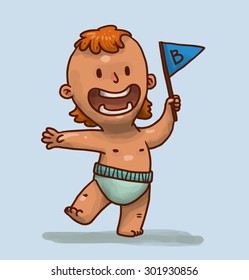 Funny boy holding a blue flag, vector