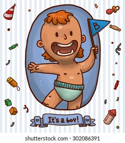 Funny boy holding a blue flag, in frame, with pattern on background,vector