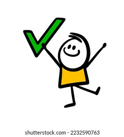 A funny boy is holding a large green tick in his hands as a sign of consent. Vector illustration of happy child agree.
