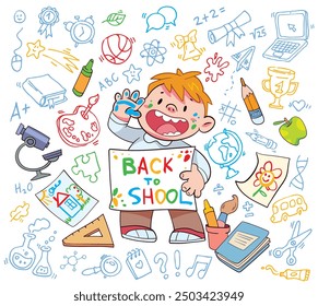 Funny boy holding a painted sign back to school. Template for design. Baby scribbles on the wall. Template for design. Cartoon character. Vector illustration. Isolated on white background