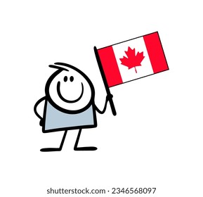 Funny boy holds the flag of Canada in his hands. Vector illustration of a country from North America and a tourist with a souvenir. Cute person isolated on white background.