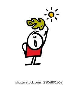 Funny boy holds a leaf of a tropical monstera plant over his head and hides in the shade from the sun. Vector illustration of a child and a home garden. Isolated image on white background.