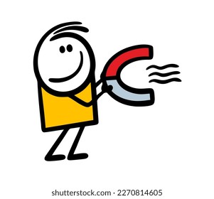 Funny boy holds  magnet in his hand and puts a scientific experiment with the attraction of objects Vector illustration of doodle cartoon playing child.