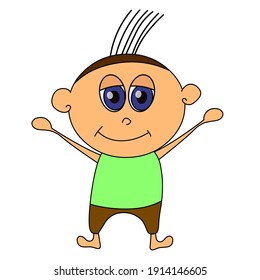 Funny boy isolated on white background. Cheerful character raised his hands. Cute little man in bright colors and black outline. Flat style design. Vector.