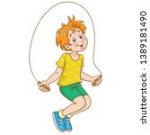 Funny boy is jumping over the rope. In cartoon style. Isolated on white background.