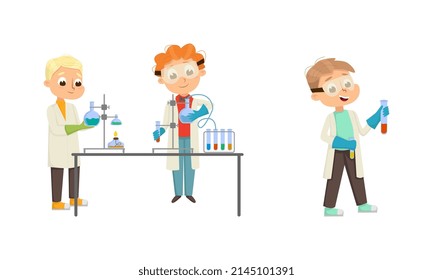 Funny Boy in Laboratory Coat Making Research with Chemicals in Glass Flask Vector Illustration Set